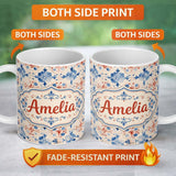 Personalized Custom Name Bold Vintage Tile Red Navy Ornamental Seamless Pattern Lovely 11oz Ceramic Coffee Tea Mug White Large Handle