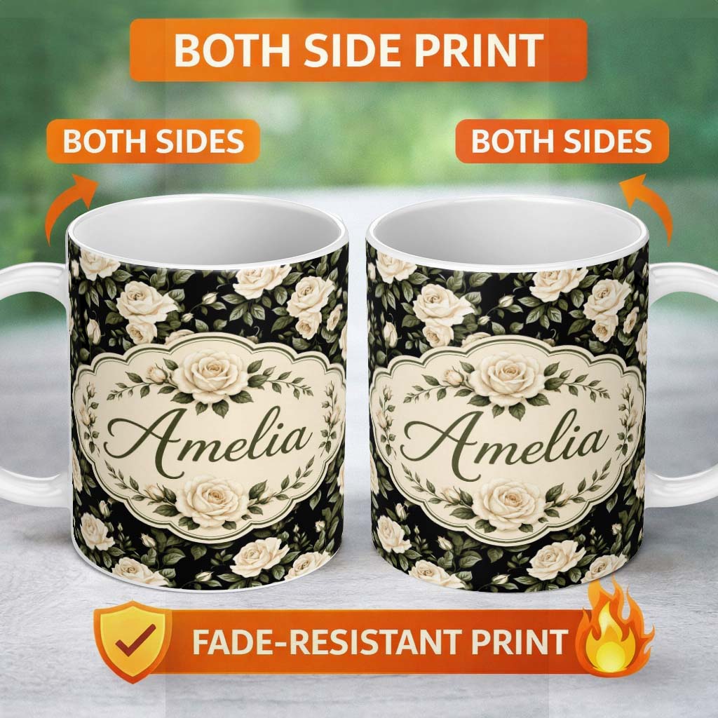Personalized Custom Name Classic White Rose Floral Pattern on Black Background Seamless 11oz Ceramic Coffee Tea Mug White Large Handle