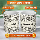 Personalized Custom Name Scattered Dash Marks Black Cream Organic Abstract Pattern Lovely 11oz Ceramic Coffee Tea Mug White Large Handle