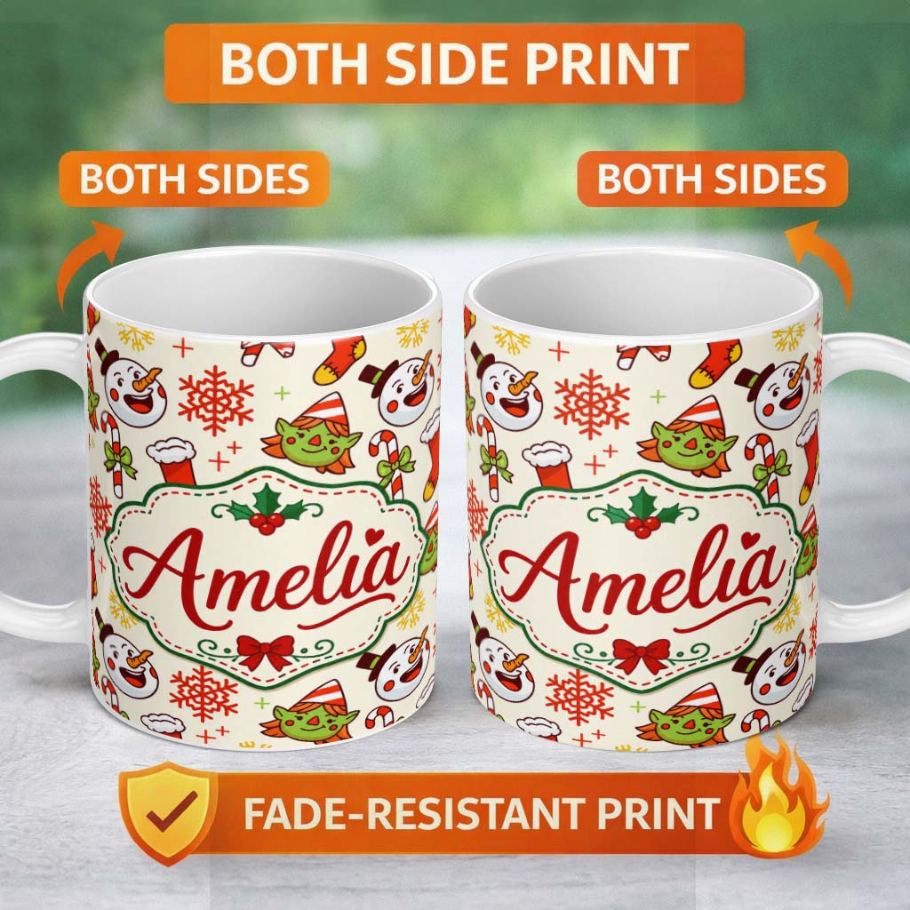 Personalized Custom Name Cute Snowman Elf Candy Cane Christmas Stocking Festive Seamless 11oz Ceramic Coffee Tea Mug White Large Handle