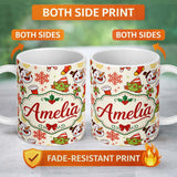Personalized Custom Name Cute Snowman Elf Candy Cane Christmas Stocking Festive Seamless 11oz Ceramic Coffee Tea Mug White Large Handle