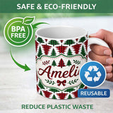 Personalized Custom Name Buffalo Plaid Christmas Tree in Red and Green Rustic Seamless 11oz Ceramic Coffee Tea Mug White Large Handle