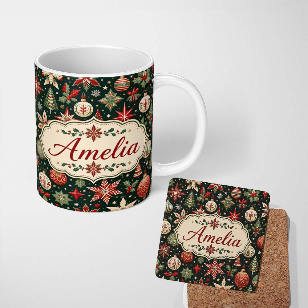 Personalized Custom Name Festive Christmas Stars Holly Leaves Baubles Seamless Pattern Lovely 11oz Ceramic Coffee Tea Mug White Large Handle