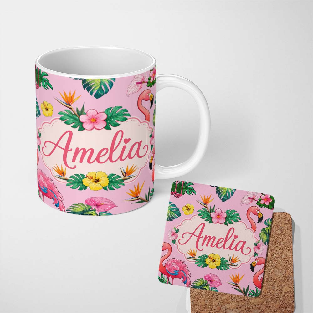 Personalized Custom Name Tropical Flamingo Bird with Exotic Flowers Leaves Pattern Soft Pink 11oz Ceramic Coffee Tea Mug White Large Handle