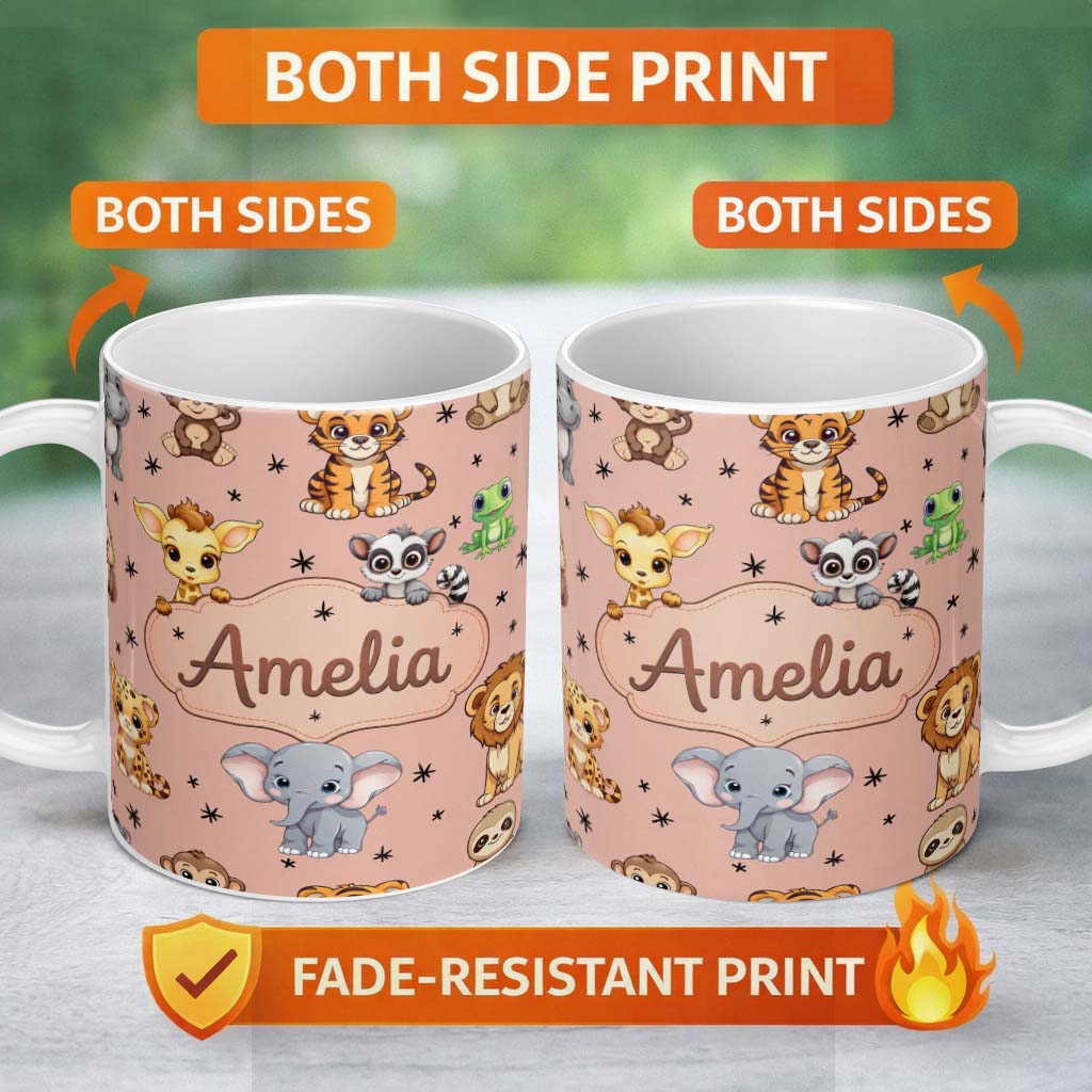 Personalized Custom Name Cute Jungle Baby Animals Lion Tiger Elephant Giraffe Pattern Peach 11oz Ceramic Coffee Tea Mug White Large Handle