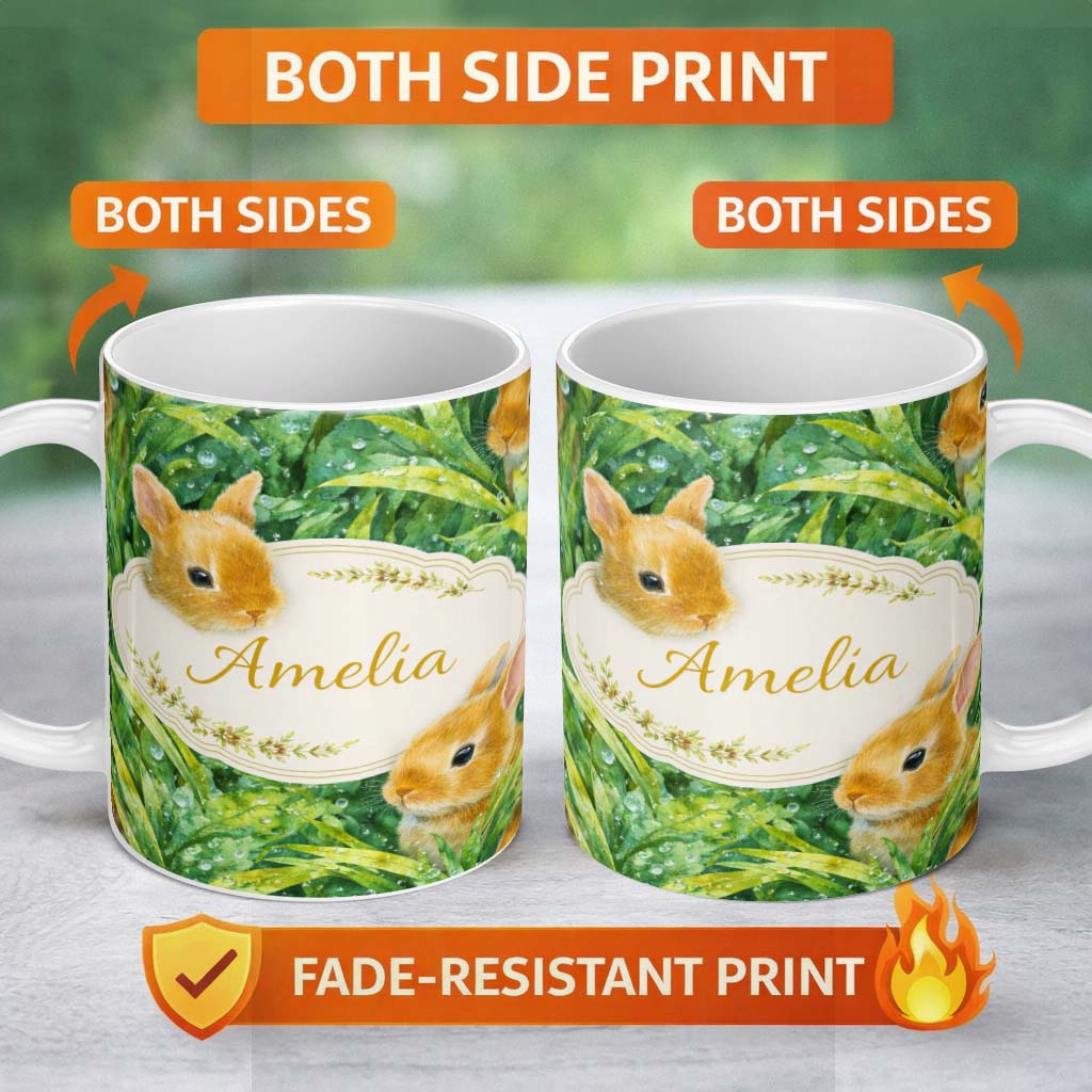 Personalized Custom Name Watercolor Bunny in Leaves Seamless Pattern Cute Animal Nature 11oz Ceramic Coffee Tea Mug White Large Handle