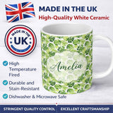Personalized Custom Name Fresh Green Monstera and Palm Leaves Jungle Seamless Pattern Lovely 11oz Ceramic Coffee Tea Mug White Large Handle