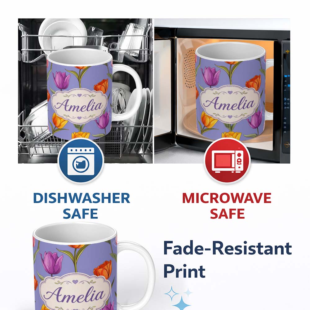 Personalized Custom Name Colorful Tulip Flowers Purple Background Spring Floral Seamless 11oz Ceramic Coffee Tea Mug White Large Handle