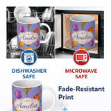 Personalized Custom Name Colorful Tulip Flowers Purple Background Spring Floral Seamless 11oz Ceramic Coffee Tea Mug White Large Handle