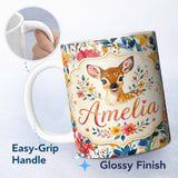 Personalized Custom Name Watercolor Baby Deer Fawn with Colorful Floral Botanical Background 11oz Ceramic Coffee Tea Mug White Large Handle