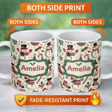 Personalized Custom Name Cute Snowman Candy Cane Christmas Tree Festive Seamless Pattern 11oz Ceramic Coffee Tea Mug White Large Handle
