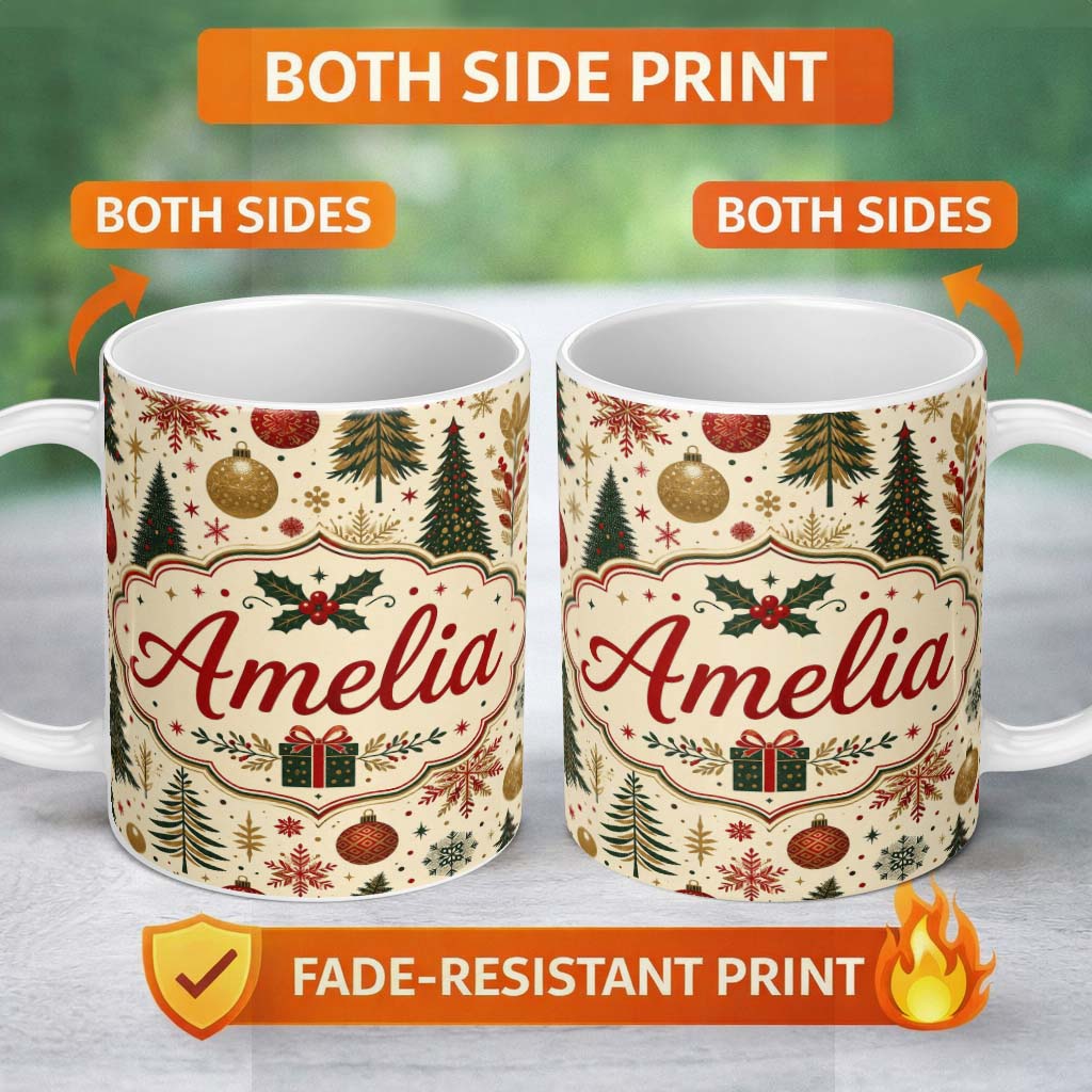 Personalized Custom Name Elegant Christmas Tree Snowflake Bauble Festive Seamless Pattern 11oz Ceramic Coffee Tea Mug White Large Handle
