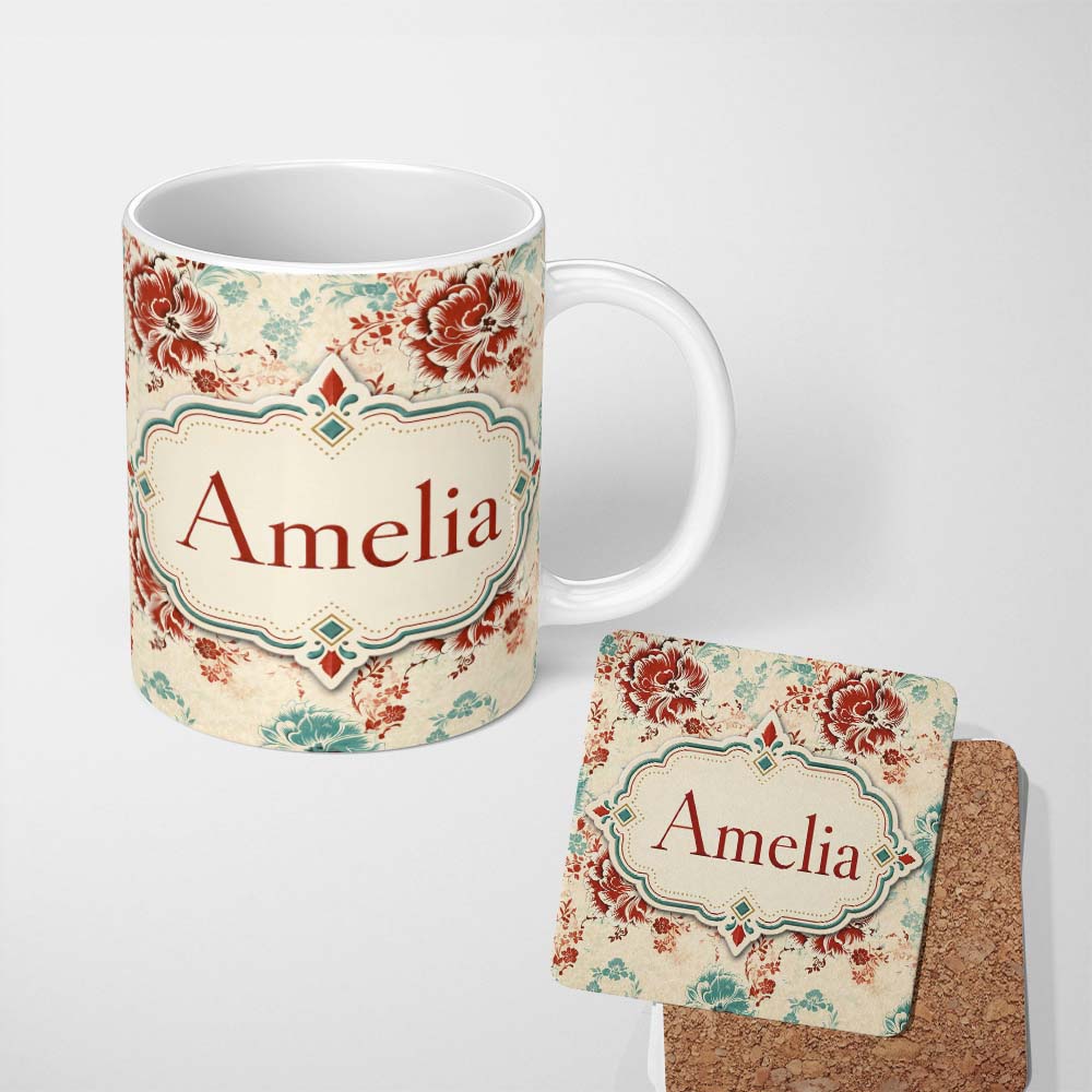 Personalized Custom Name Vintage Red Teal Floral Damask Seamless Pattern Perfect Gift for Her 11oz Ceramic Coffee Tea Mug White Large Handle