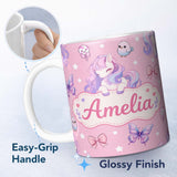 Personalized Custom Name Cute Pastel Unicorn Butterfly Candy Stars Rose Pink Background 11oz Ceramic Coffee Tea Mug White Large Handle