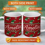 Personalized Custom Name Cute Red Green Christmas Hat Festive Knitted Seamless Pattern Lovely 11oz Ceramic Coffee Tea Mug White Large Handle