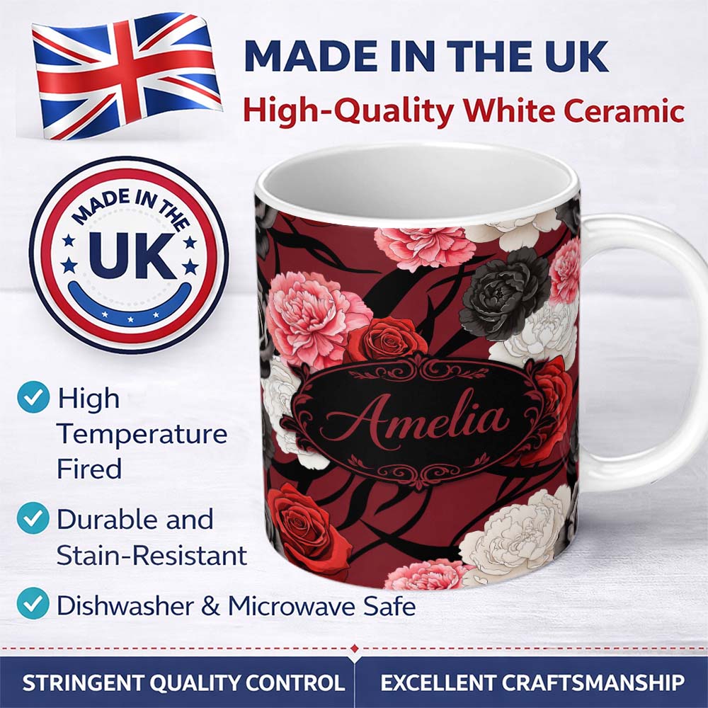 Personalized Custom Name Elegant Rose Floral with Black Red and White Flowers on Deep Red 11oz Ceramic Coffee Tea Mug White Large Handle