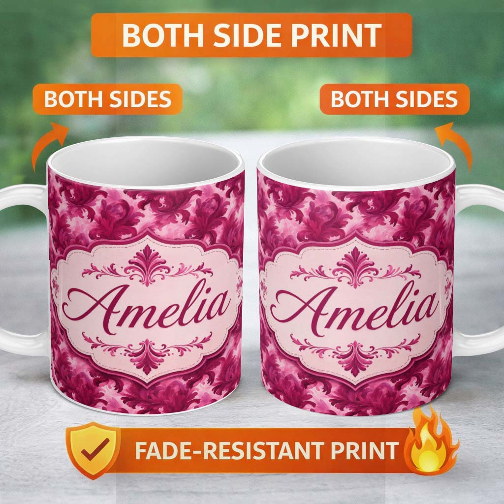 Personalized Custom Name Artistic Pink Floral Brush Stroke Seamless Pattern Cute Unique Gift 11oz Ceramic Coffee Tea Mug White Large Handle