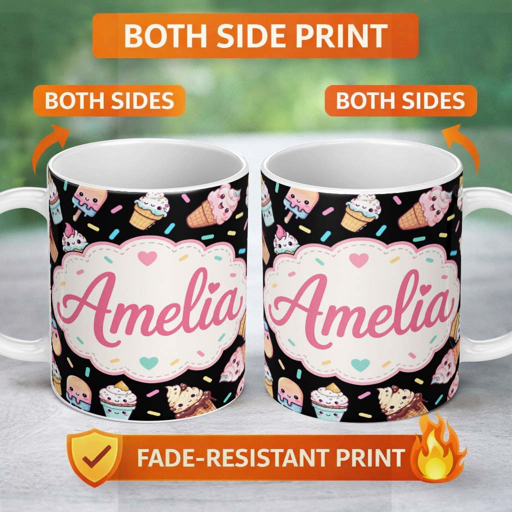 Personalized Custom Name Cute Ice Cream Cones Popsicles and Sweet Treats Seamless Pattern 11oz Ceramic Coffee Tea Mug White Large Handle