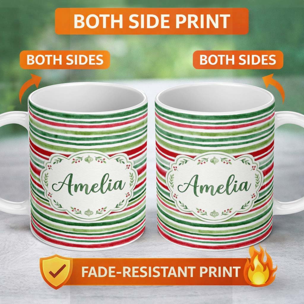 Personalized Custom Name Hand Painted Red Green Horizontal Stripe Pattern Christmas Design 11oz Ceramic Coffee Tea Mug White Large Handle