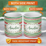 Personalized Custom Name Hand Painted Red Green Horizontal Stripe Pattern Christmas Design 11oz Ceramic Coffee Tea Mug White Large Handle