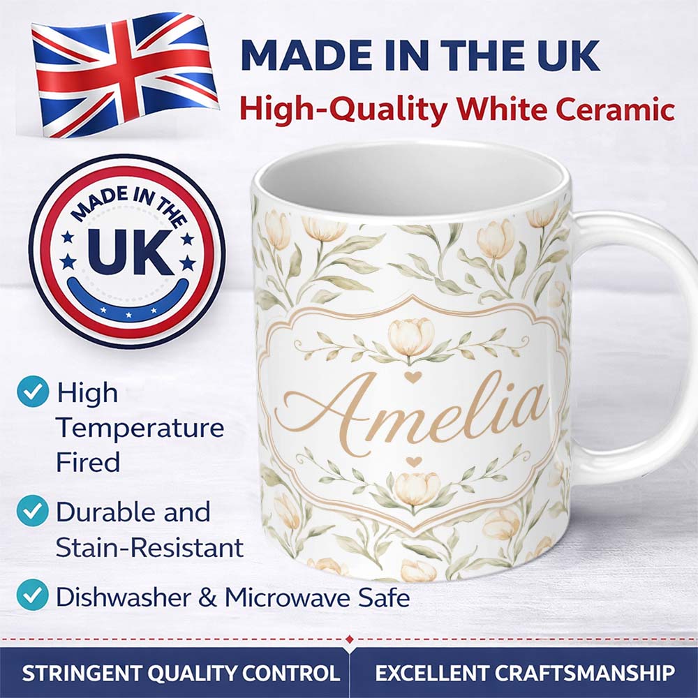 Personalized Custom Name Soft Neutral Tulip Floral Pattern with Gentle Watercolor Leaves 11oz Ceramic Coffee Tea Mug White Large Handle