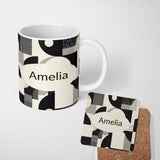 Personalized Custom Name Modern Geometric Circles Black Cream Mid Century Abstract Pattern 11oz Ceramic Coffee Tea Mug White Large Handle