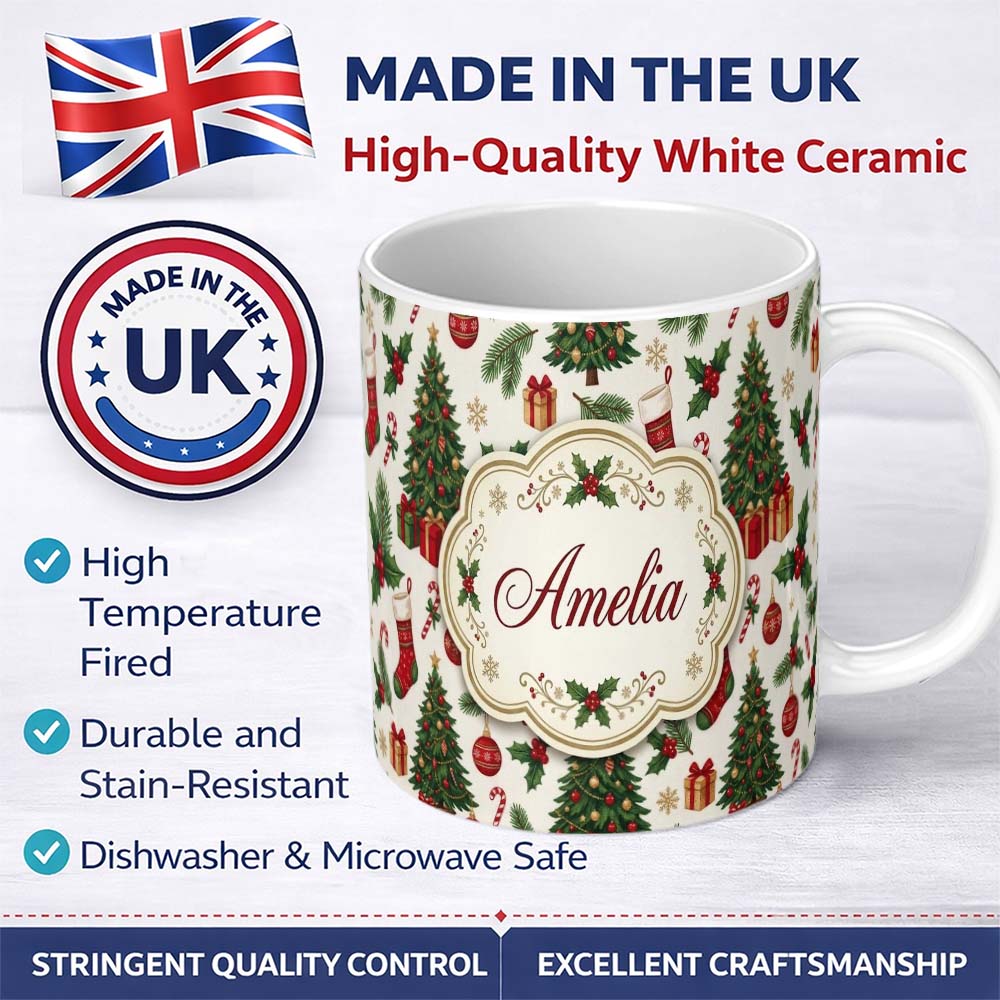Personalized Custom Name Christmas Holly Gift Tree Bell Festive Seamless Pattern Lovely 11oz Ceramic Coffee Tea Mug White Large Handle