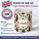 Personalized Custom Name Christmas Holly Gift Tree Bell Festive Seamless Pattern Lovely 11oz Ceramic Coffee Tea Mug White Large Handle