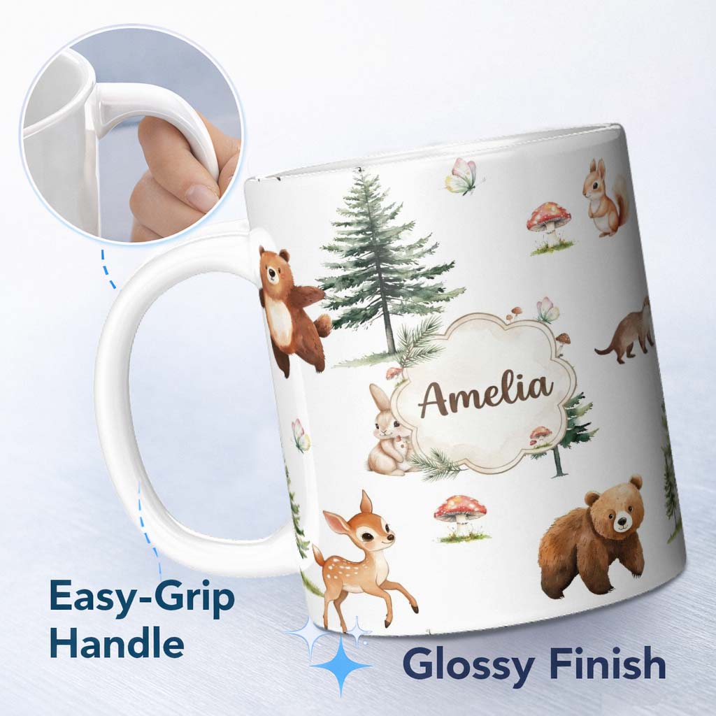 Personalized Custom Name Bear Bunny Deer Squirrel Trees Mushrooms Butterfly Soft Grey 11oz Ceramic Coffee Tea Mug White Large Handle