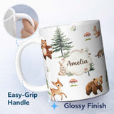 Personalized Custom Name Bear Bunny Deer Squirrel Trees Mushrooms Butterfly Soft Grey 11oz Ceramic Coffee Tea Mug White Large Handle