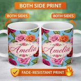 Personalized Custom Name Colorful Roses on Sky Blue Background Seamless Floral Pattern Lovely 11oz Ceramic Coffee Tea Mug White Large Handle