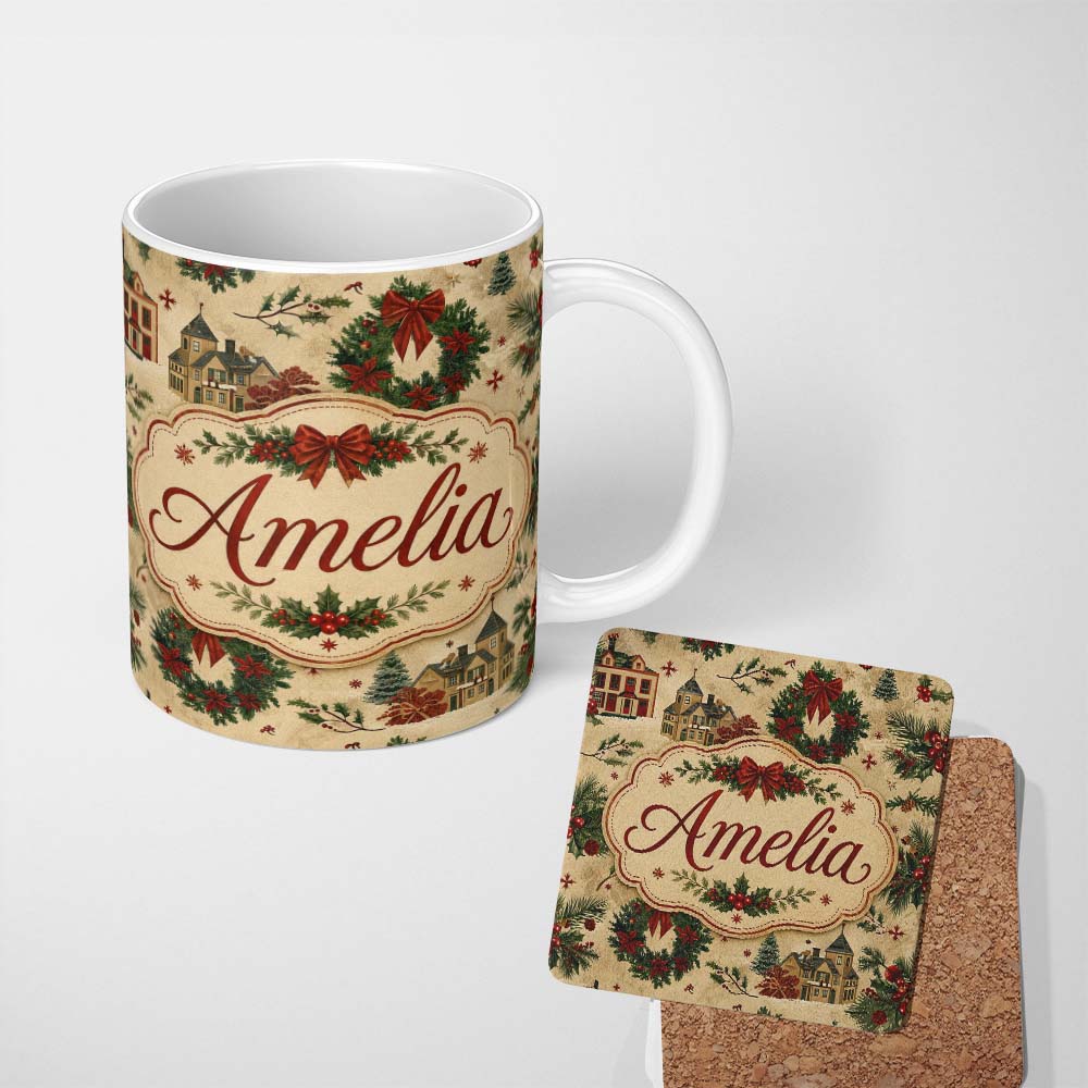 Personalized Custom Name Classic Christmas Wreaths Bows Village Houses Festive Holiday Design 11oz Ceramic Coffee Tea Mug White Large Handle