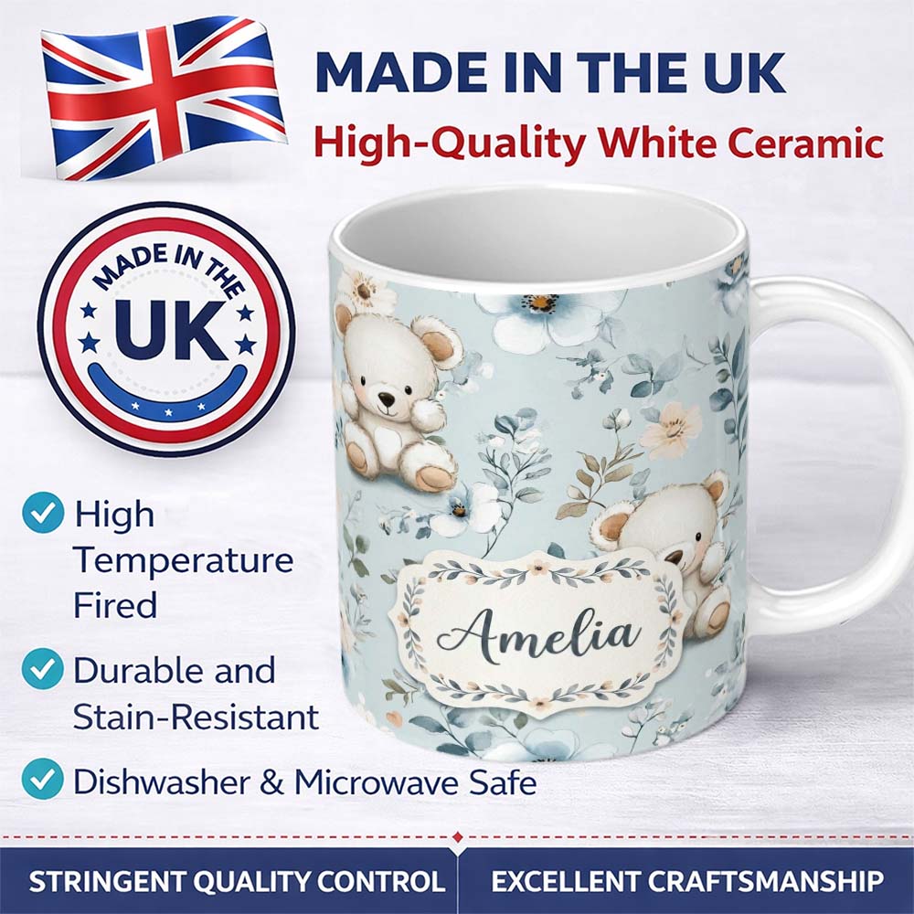 Personalized Custom Name Cute Teddy Bears with Soft Blue Floral Background Seamless Pattern 11oz Ceramic Coffee Tea Mug White Large Handle