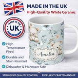 Personalized Custom Name Cute Teddy Bears with Soft Blue Floral Background Seamless Pattern 11oz Ceramic Coffee Tea Mug White Large Handle
