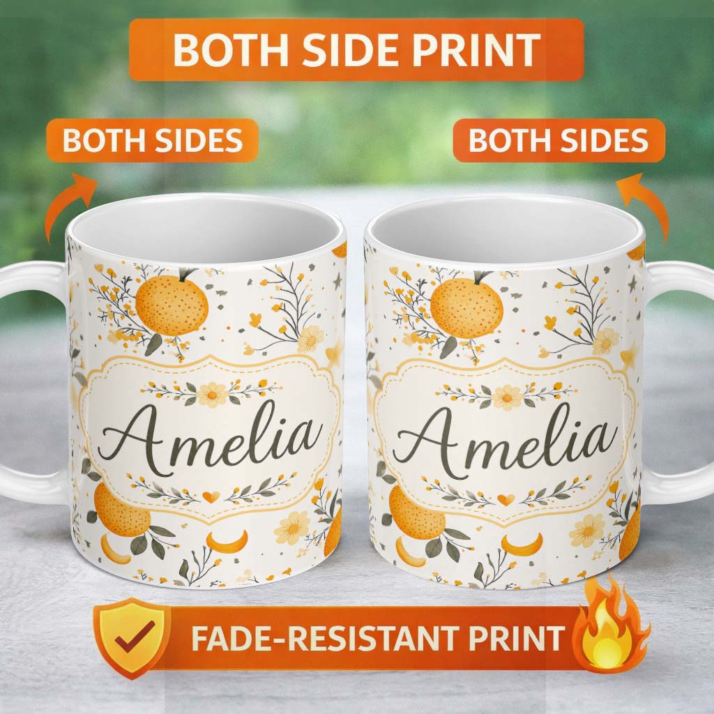 Personalized Custom Name Fresh Oranges with Delicate Floral Botanical Pattern Seamless Lovely 11oz Ceramic Coffee Tea Mug White Large Handle