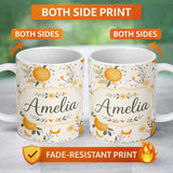 Personalized Custom Name Fresh Oranges with Delicate Floral Botanical Pattern Seamless Lovely 11oz Ceramic Coffee Tea Mug White Large Handle