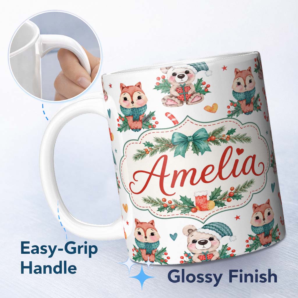 Personalized Custom Name Cute Woodland Animals Bear Fox Christmas Theme Seamless Pattern 11oz Ceramic Coffee Tea Mug White Large Handle