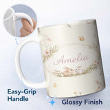 Personalized Custom Name Watercolor Bunny Floral Meadow Seamless Pattern on Soft Blue Lovely 11oz Ceramic Coffee Tea Mug White Large Handle