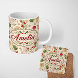 Personalized Custom Name Cute Mouse Gifts Berries Snowflakes Seamless Pattern Festive Holiday 11oz Ceramic Coffee Tea Mug White Large Handle