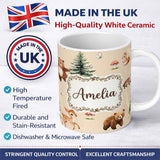 Personalized Custom Name Forest Animals Bear Bunny Squirrel Trees on Warm Beige Seamless 11oz Ceramic Coffee Tea Mug White Large Handle