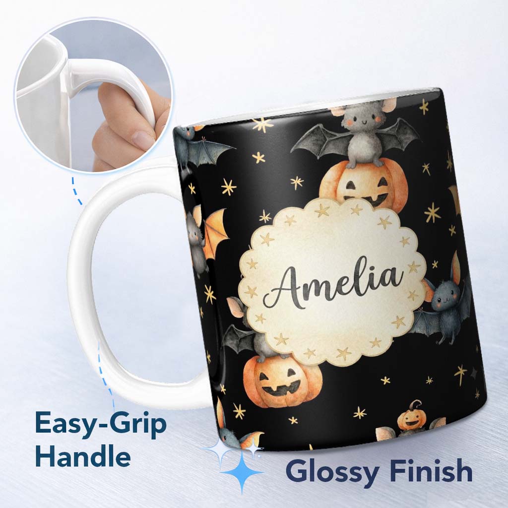 Personalized Custom Name Cute Halloween Bats Sitting on Pumpkins with Stars Black Background 11oz Ceramic Coffee Tea Mug White Large Handle