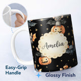 Personalized Custom Name Cute Halloween Bats Sitting on Pumpkins with Stars Black Background 11oz Ceramic Coffee Tea Mug White Large Handle