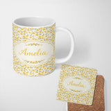 Personalized Custom Name Yellow Wildflower Seamless Pattern Minimal Botanical Design Lovely 11oz Ceramic Coffee Tea Mug White Large Handle
