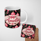 Personalized Custom Name Elegant Pink Christmas Ornament Ribbon Dark Seamless Pattern Lovely 11oz Ceramic Coffee Tea Mug White Large Handle