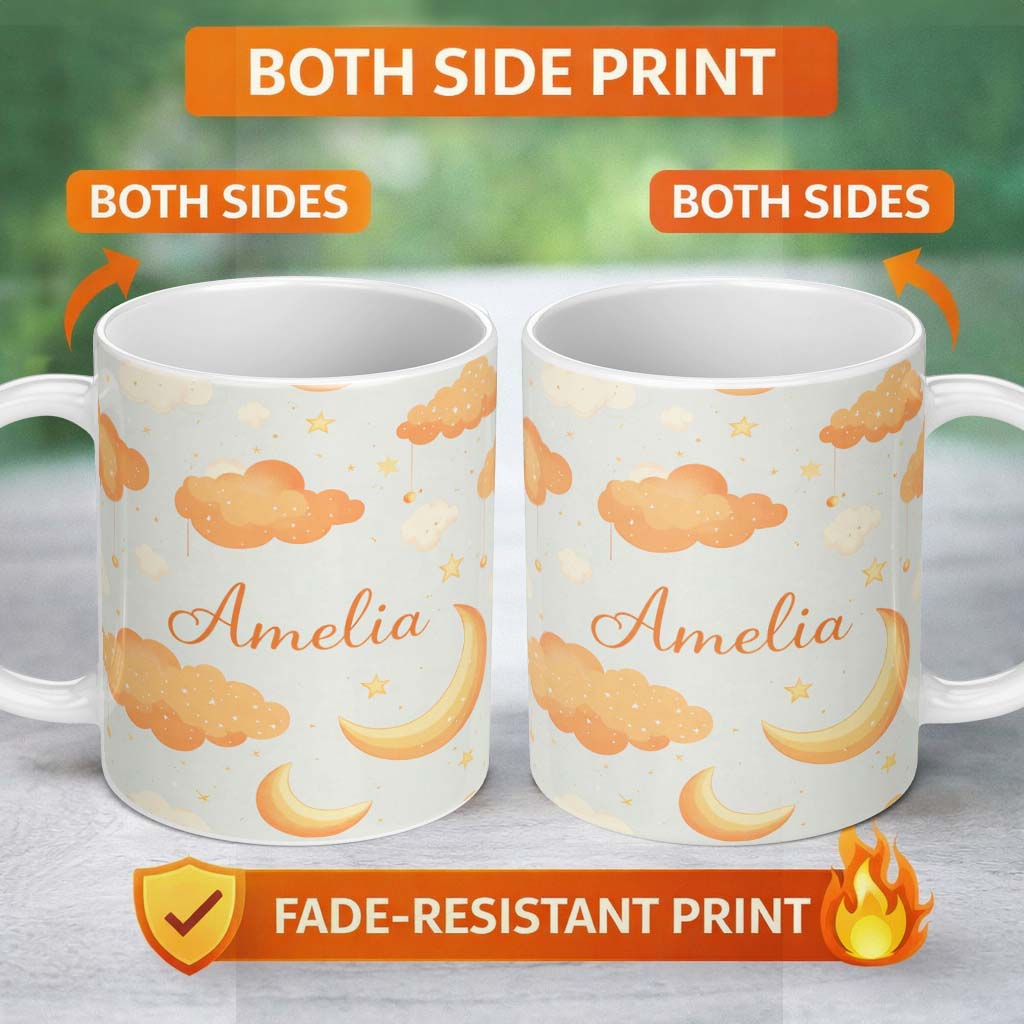 Personalized Custom Name Orange Clouds Moon Stars Seamless Pattern Cute Unique Gift Lovely 11oz Ceramic Coffee Tea Mug White Large Handle