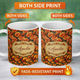 Personalized Custom Name Rich Autumn Floral Pattern with Orange and Rust Chrysanthemums in 11oz Ceramic Coffee Tea Mug White Large Handle