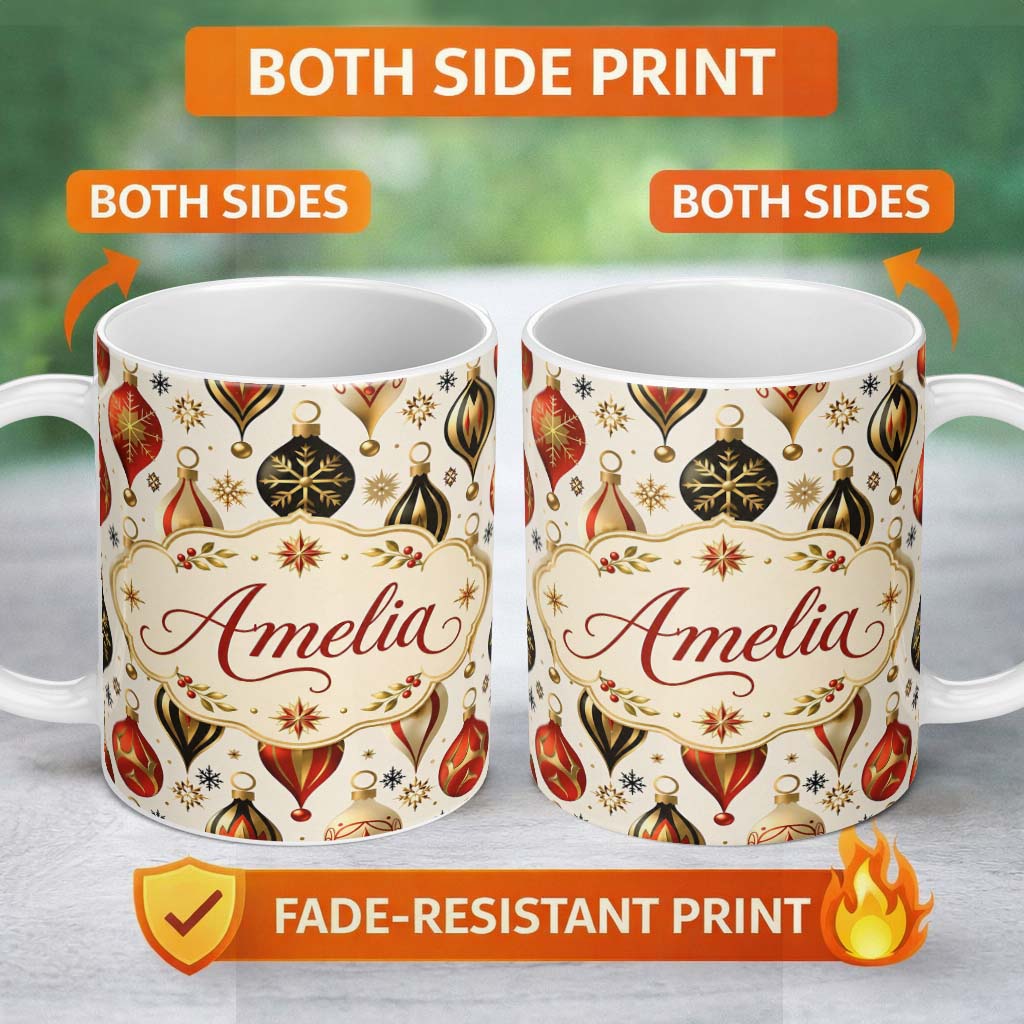 Personalized Custom Name Luxury Christmas Gold Red Bauble Ornament Elegant Seamless Pattern 11oz Ceramic Coffee Tea Mug White Large Handle
