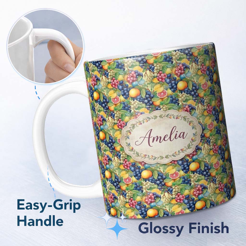 Personalized Custom Name Rich Detailed Grapes Citrus and Mixed Fruit Abundant Seamless Lovely 11oz Ceramic Coffee Tea Mug White Large Handle