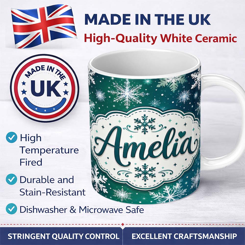 Personalized Custom Name Elegant Blue Green Snowflake Winter Seamless Pattern Lovely 11oz Ceramic Coffee Tea Mug White Large Handle