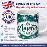 Personalized Custom Name Elegant Blue Green Snowflake Winter Seamless Pattern Lovely 11oz Ceramic Coffee Tea Mug White Large Handle